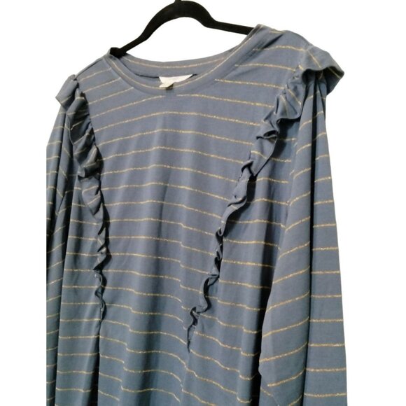 Terra & Sky 3X Long-Sleeve Blue Top With Gold Stripes Ruffle Accents - Picture 5 of 9